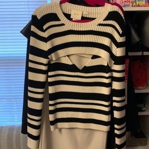 Striped two piece sweater set.